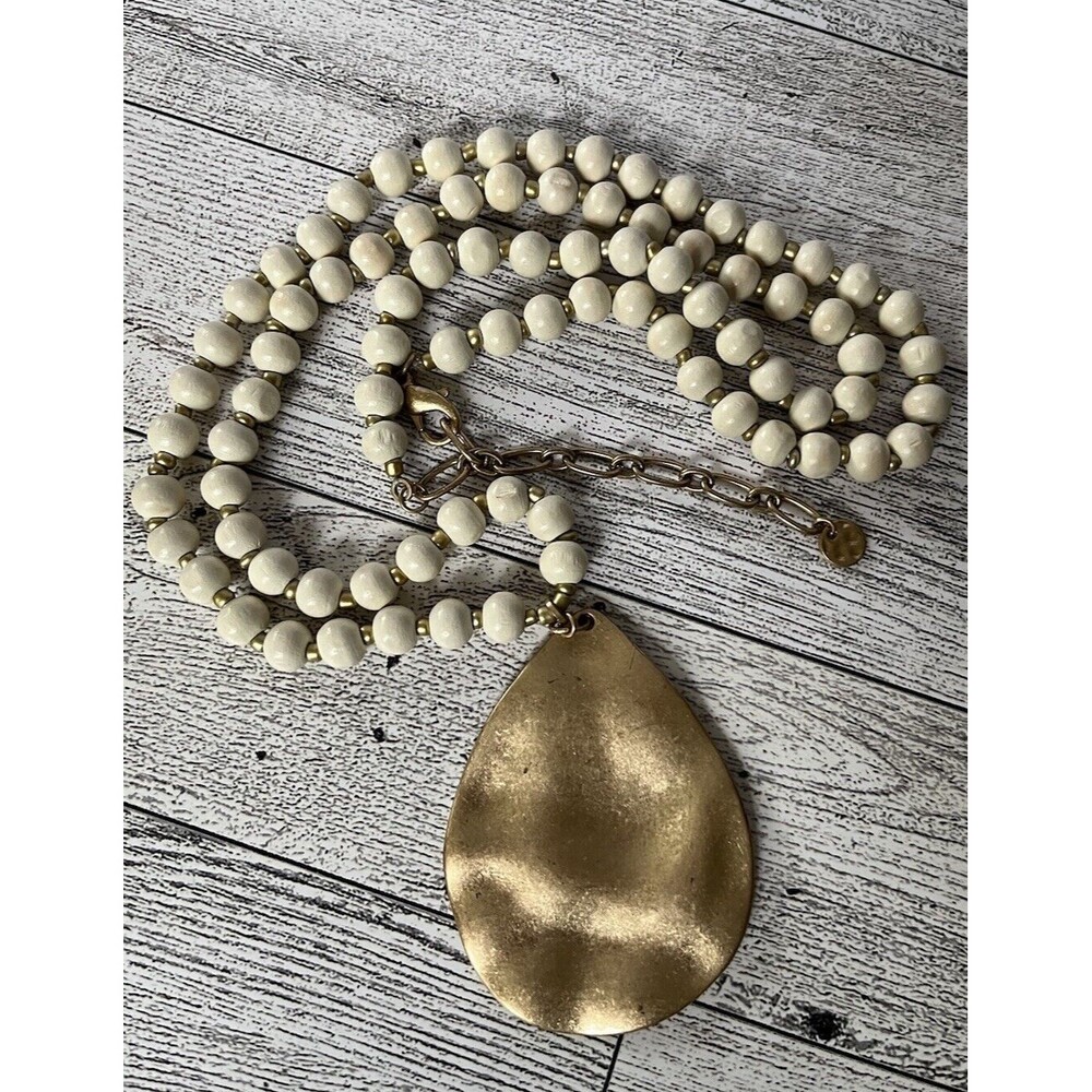 Long White Wooden Bead Necklace with Gold Tone Teardrop Pendant 18"
